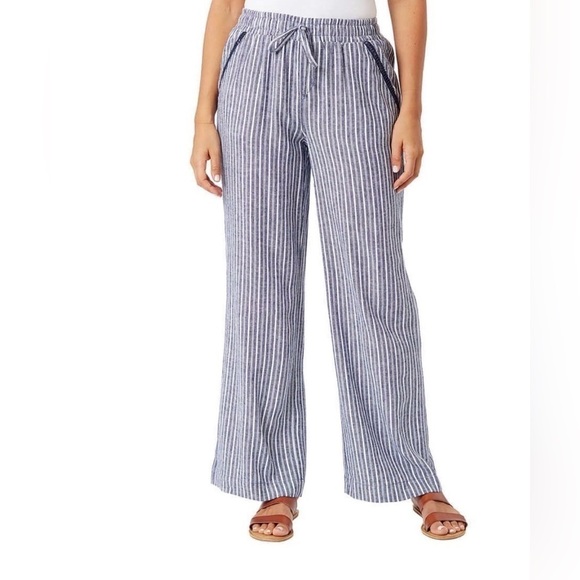 Briggs Women's Linen Blend Pull On Pant (Navy White Stripe, L) - Picture 1 of 11